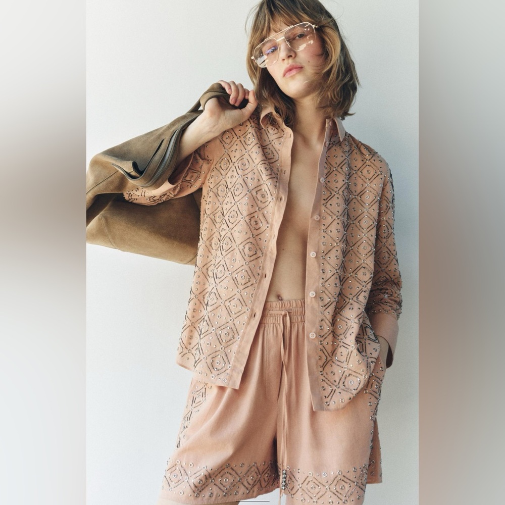ZARA NEW EMBROIDERED BEADED SHORTS ZW COLLECTION SIZE LARGE NATURAL PINK BEIGE